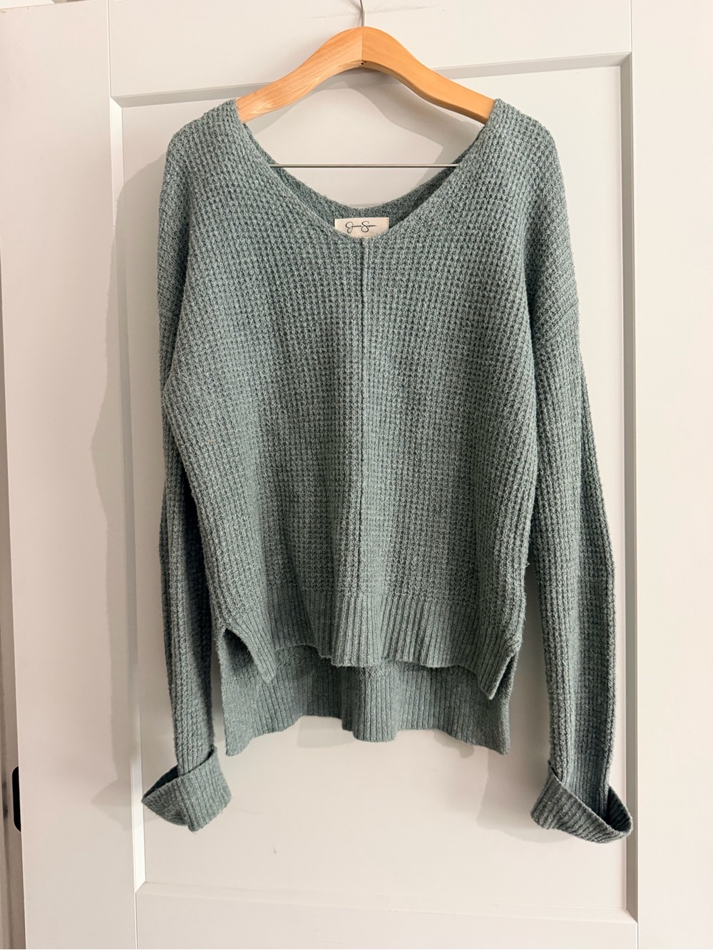 Jessica Simpson Sage Green V-Neck Waffle Knit Sweater